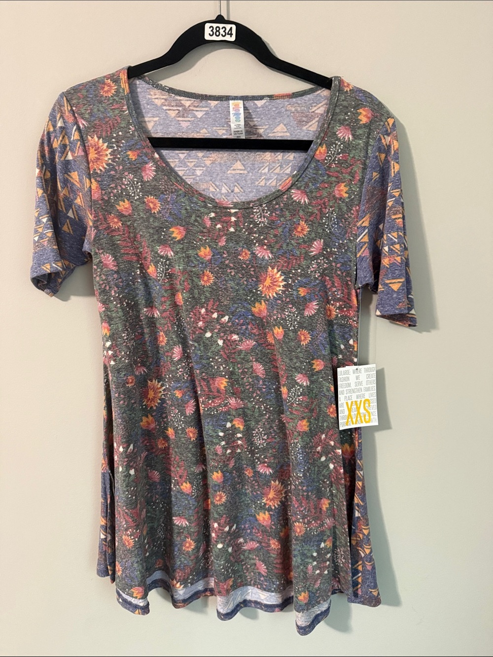 LuLaRoe Scoop-Neck Floral Tunic in Charcoal with Orange & Pink Accents